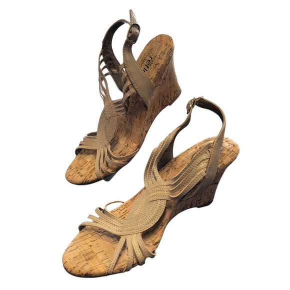 MODA REFLEX TAN TWISTED LEATHER SANDALS WITH CORK HEEL SIZE 8 - Picture 1 of 9